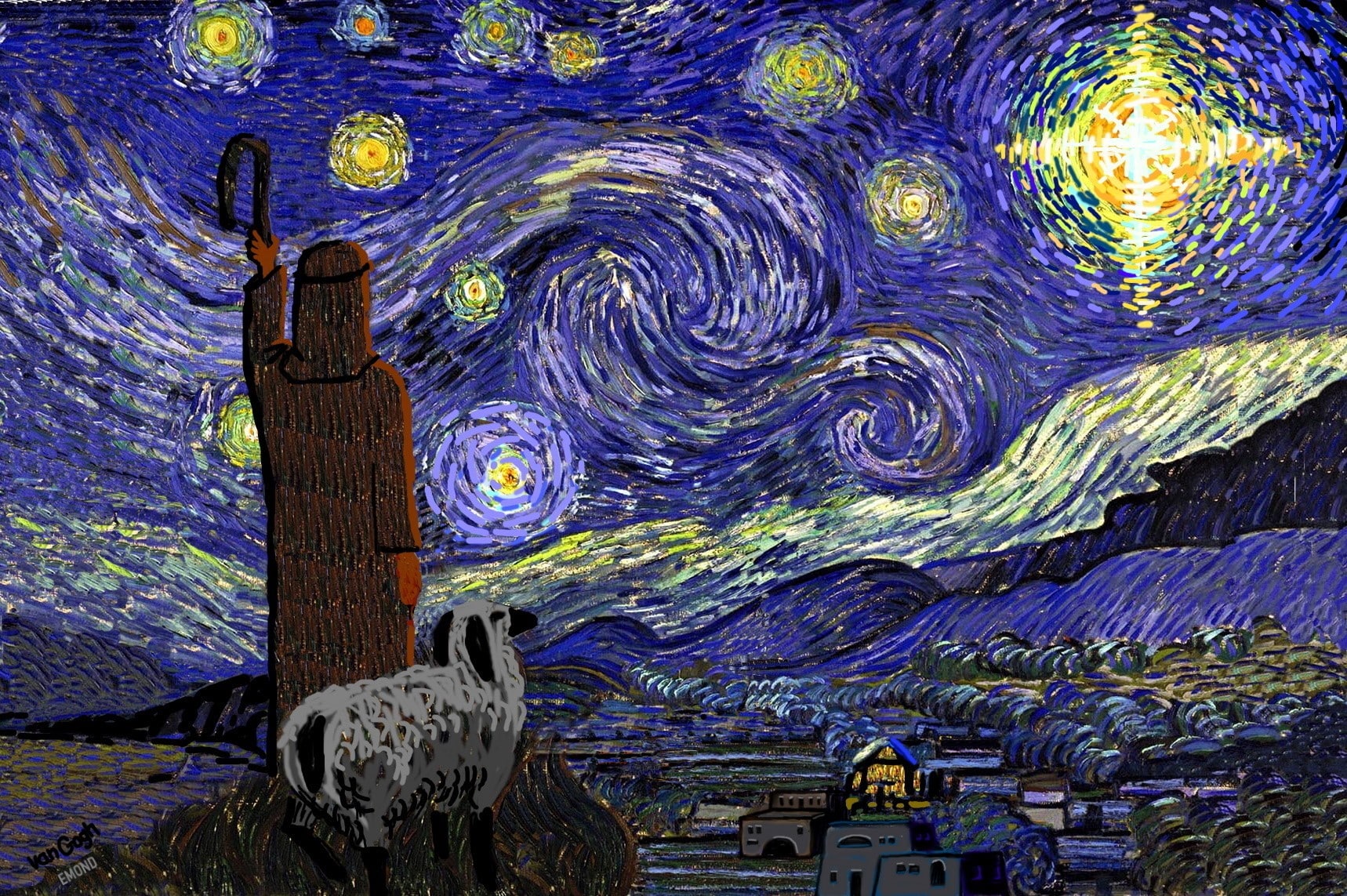 Re-vision of Van Gogh's Starry Night with shepherd in place of cypress trees and star instead of moon. 